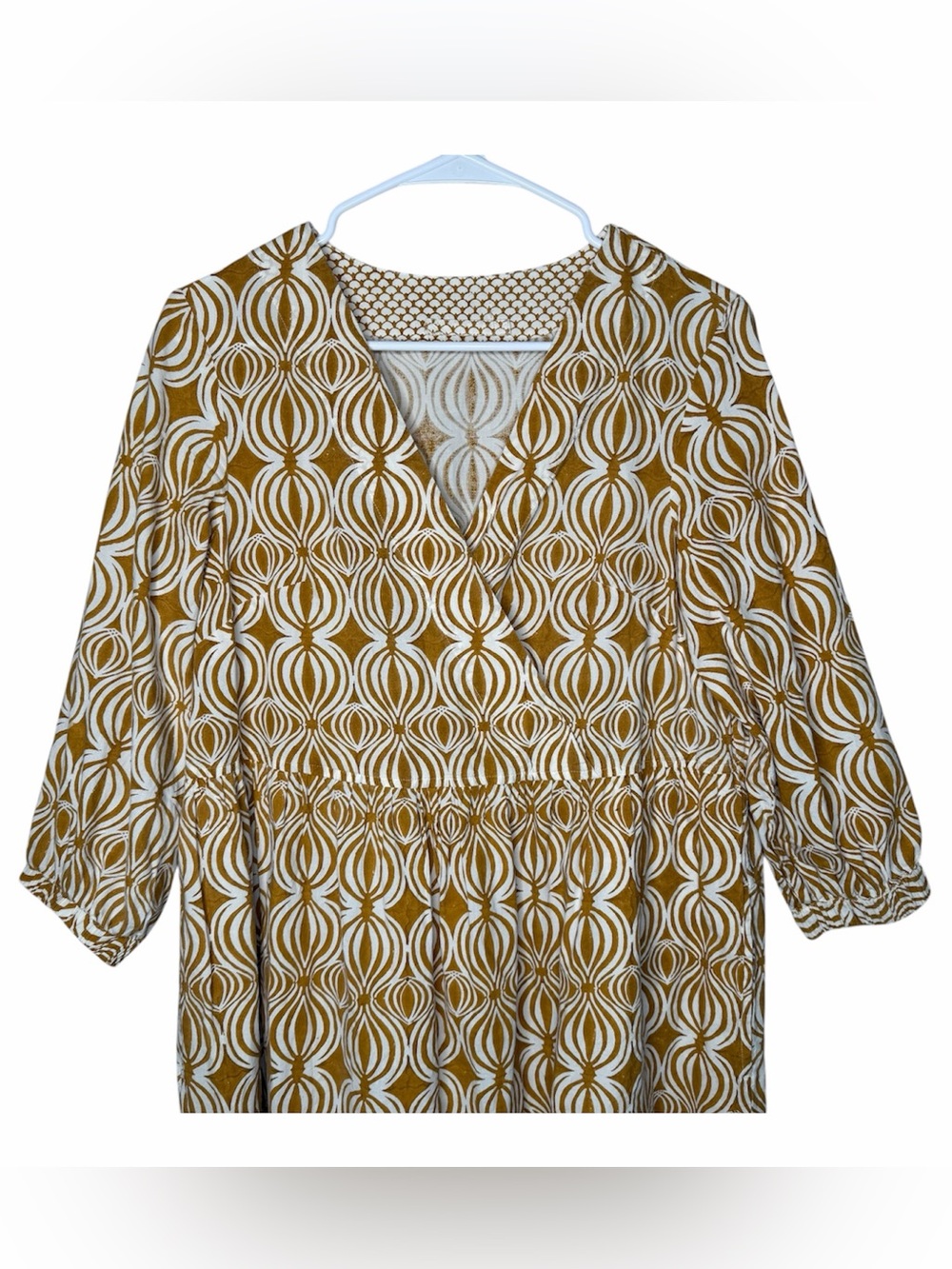 Toast UK Cross Front Yellow Seed Pod Block Print Midi Dress Size Small Cotton - Picture 4 of 11
